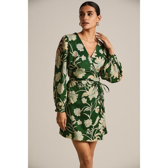 By Anthropologie Green Floral Wrap Balloon Sleeve Boho Mini Dress Size 12 - Picture 1 of 5